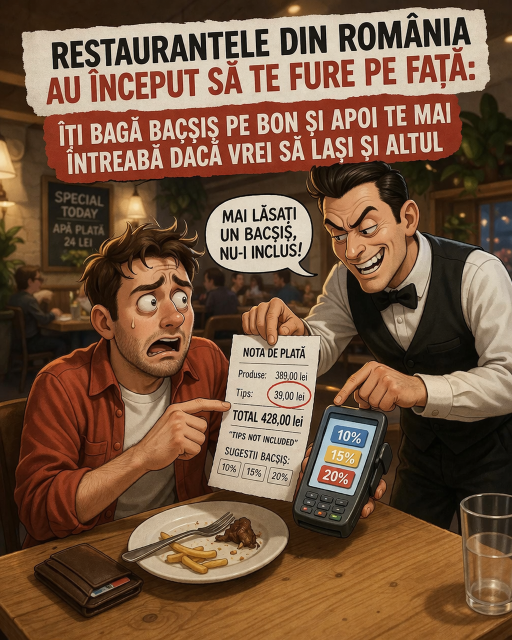 Restaurantele din România au început să te fure pe față: îți bagă bacșiș pe bon și apoi te mai întreabă dacă vrei să lași și altul